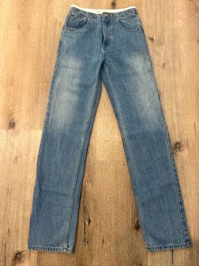 We11done High Rise Straight Leg Extra Long Jeans with Leather Trim Waist